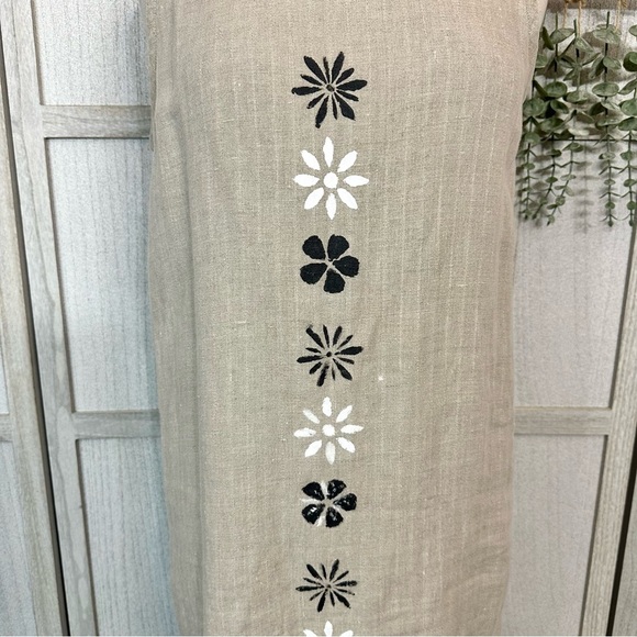 Vintage Eileen Fisher Midi Dress Beige 100% Linen Black Wht Flower Sleeveless M - Picture 3 of 9